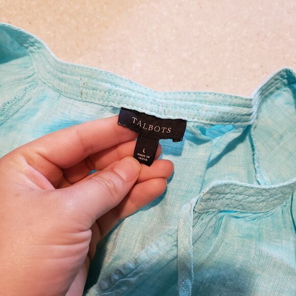 Talbots Blue Tassel Tie Neck Short Sleeve Linen Blouse Large - Picture 4 of 9